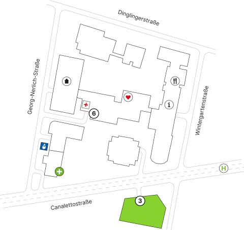 Lageplan St. Joseph-Stift, Maria-Merkert-Haus, Eingang 3