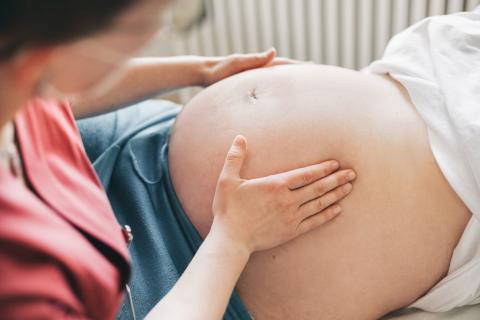 Geburtshilfliche Angebote: Geburtsvorbereitung, Nachsorge, Rückbildung, Stillen, Väterabende, Geschwisterschule und mehr. Im Bild: Eine Hebamme untersucht eine Schwangere.