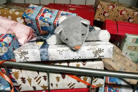 Blick auf die Geschenke, die jedes Jahr zu hunderten von den Mitarbeitern des St. Joseph-Stifts gepackt und gesammelt werden.