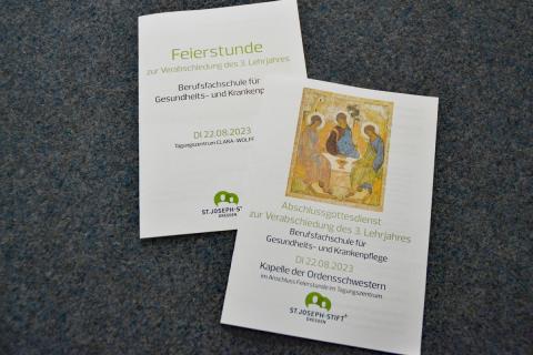 Abschluss 3. Lehrjahr 2023, Programmhefte für Gottesdienst und Feierstunde anlässlich der Zeugnisausgabe.