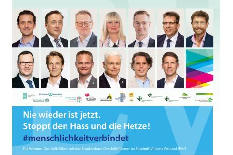 Nie wieder ist jetzt. Statement für Demokratie und Miteinander mit den Portraits aller Geschäftsführer der EVV-Häuser.