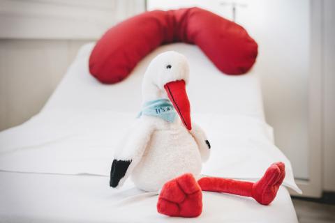 Babynews 2024: neues Jahr, neues Glück! Kuscheltier Storch auf einem Bett im Kreißsaal des St. Joseph-Stift Dresden.