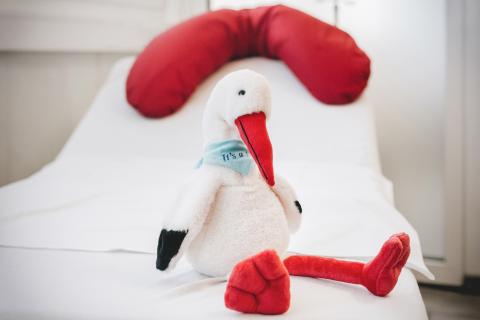 Sieben Geburten am "Schalttag" 29.2.2024: Auf dem Bild ein Plüschtier-Storch auf dem Bett im Kreißsaal als Symbol.