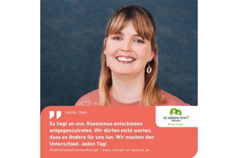Instagram-Kachel zur Kampagne "Vielfalt ist gesund" vom Marien-Hospiz mit Mitarbeiterin Sarah Zinn und ihrem Statement gegen Rassismus.