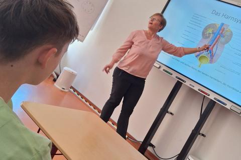 Einblick in eine Schnupperstunde an der Medizinischen Berufsfachschule: Lehrerin erklärt am Screen, Schüler im Halbprofil.