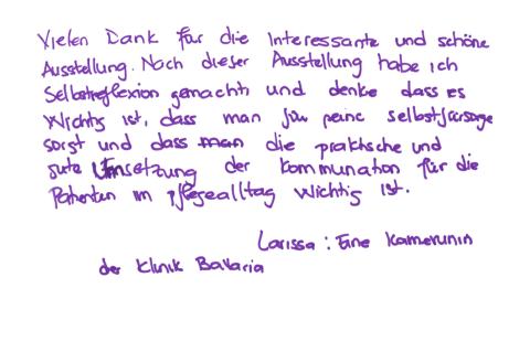 Gästebucheintrag zur Ausstellung "In Würde Abschied nehmen", handschriftliche Widmung von Ausstellungsbesuchern.