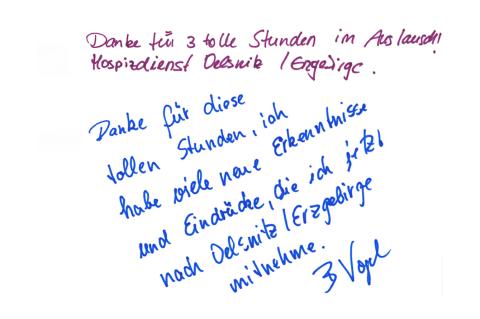 Gästebucheintrag zur Ausstellung "In Würde Abschied nehmen", handschriftliche Widmung von Ausstellungsbesuchern.