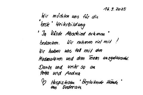 Gästebucheintrag zur Ausstellung "In Würde Abschied nehmen", handschriftliche Widmung von Ausstellungsbesuchern.