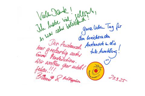 Gästebucheintrag zur Ausstellung "In Würde Abschied nehmen", handschriftliche Widmung von Ausstellungsbesuchern.