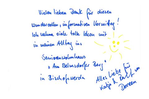 Gästebucheintrag zur Ausstellung "In Würde Abschied nehmen", handschriftliche Widmung von Ausstellungsbesuchern.