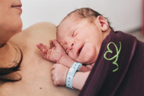 Geboren im St. Joseph-Stift Dresden: Baby kurz nach der Geburt im Bonding bei der Mama.