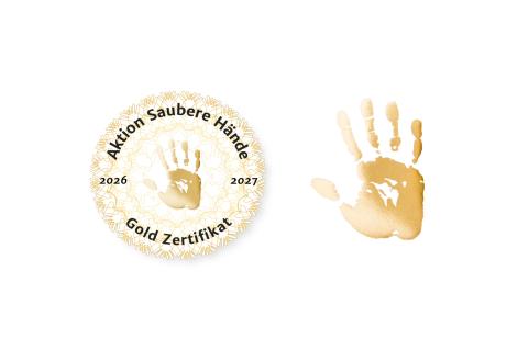 Goldenes Zertifikat – Logo mit Goldener Hand und Zertifikat der "Aktion Saubere Hände" der Charité Berlin für 2026 und 2027.