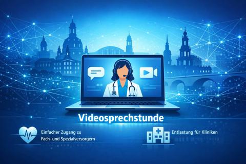 Grafik Videosprechstunde, Dresden-Silhouette, blau, Schrift